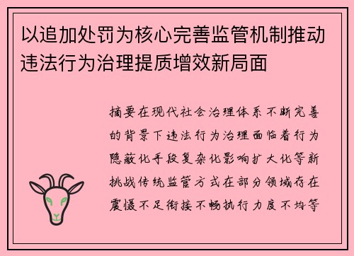 以追加处罚为核心完善监管机制推动违法行为治理提质增效新局面 以追加处罚为核心完善监管机制推动违法行为治理提质增效新局面