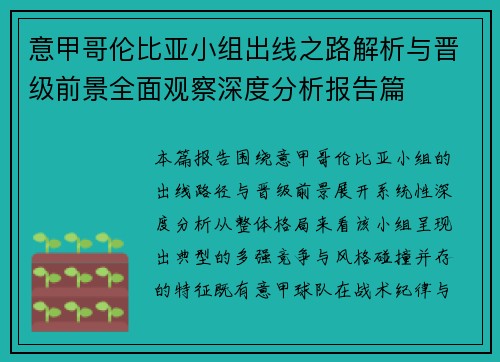 意甲哥伦比亚小组出线之路解析与晋级前景全面观察深度分析报告篇